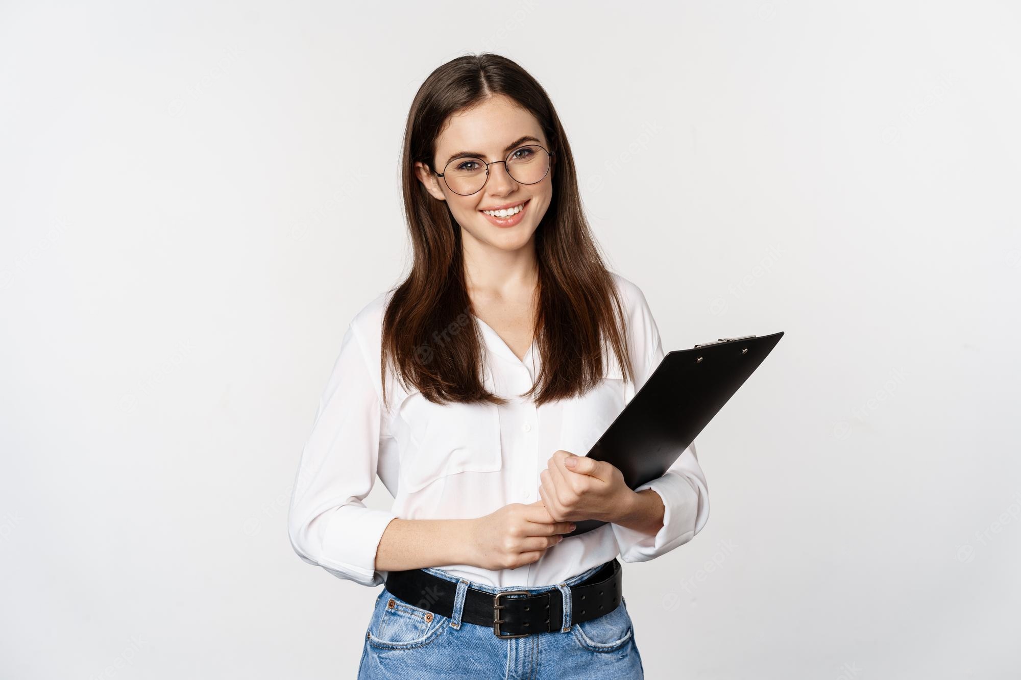 portrait corporate woman holding clipboard work standing formal outfit white background 1258 88411